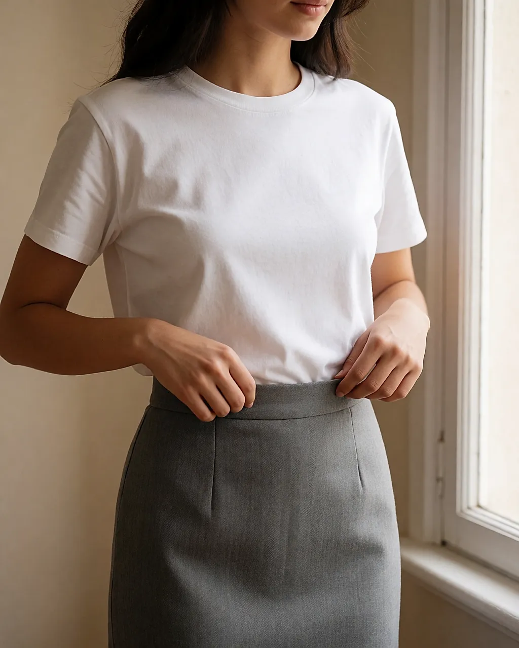White T-shirt tucked into a grey pencil skirt, hands resting at the waistband