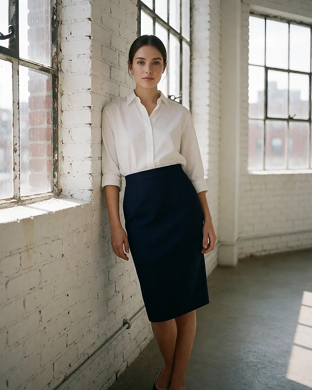 A blue wool pencil skirt with clean lines, worn in a loft with tall windows
