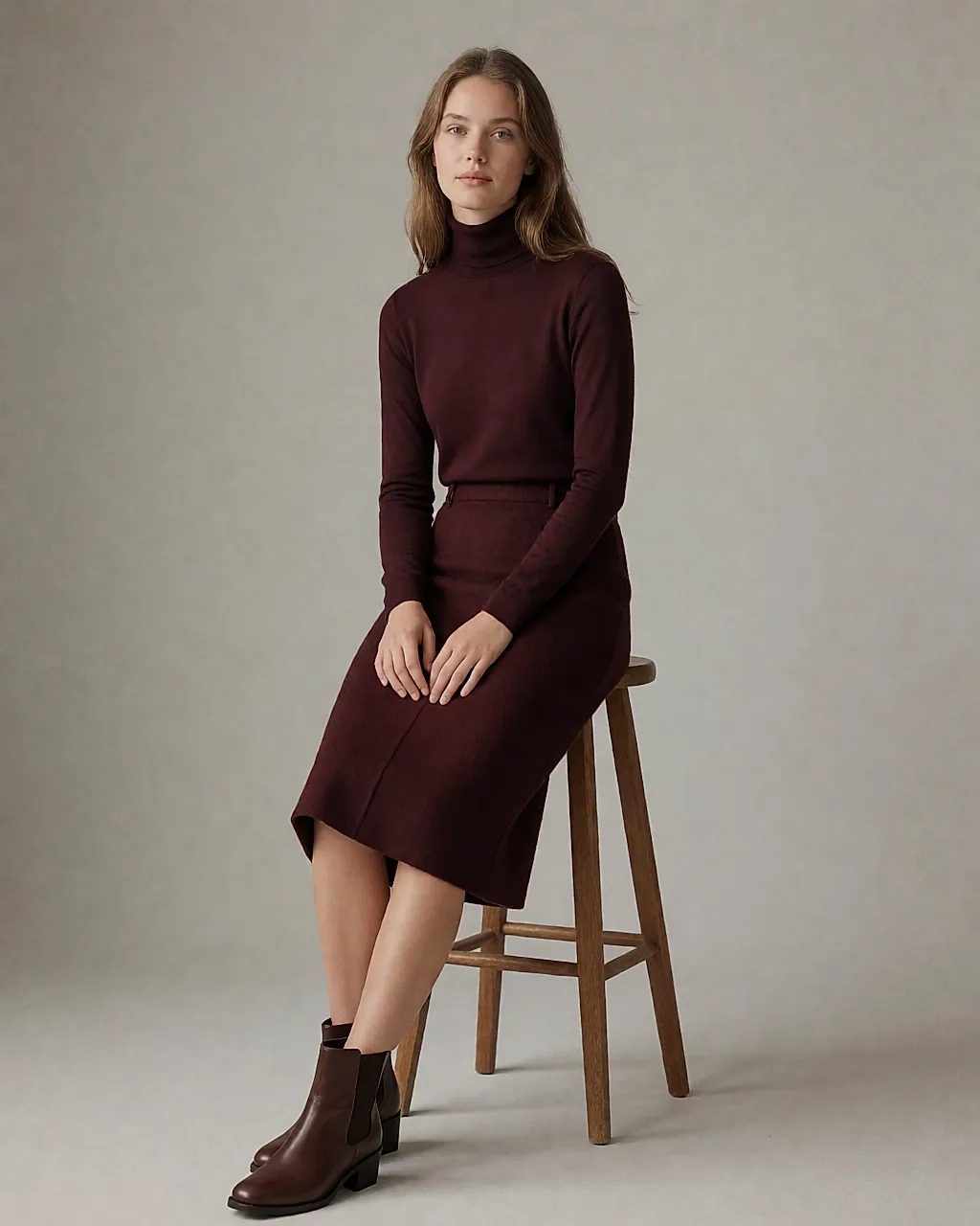 Monochrome chocolate-brown outfit, from roll-neck to boots, seated on a stool
