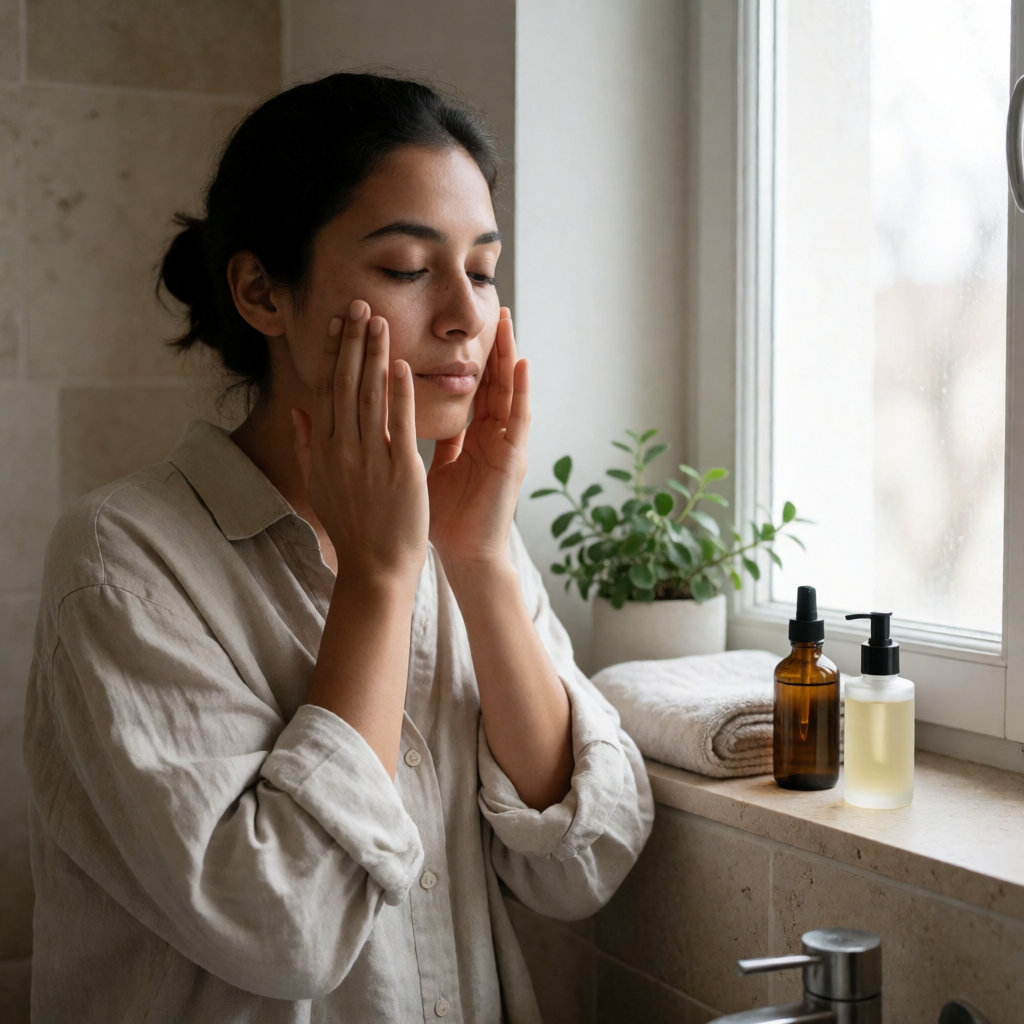Jeune femme appliquant une essence sur peau humide, paumes posées sur les joues, dans une salle de bain lumineuse