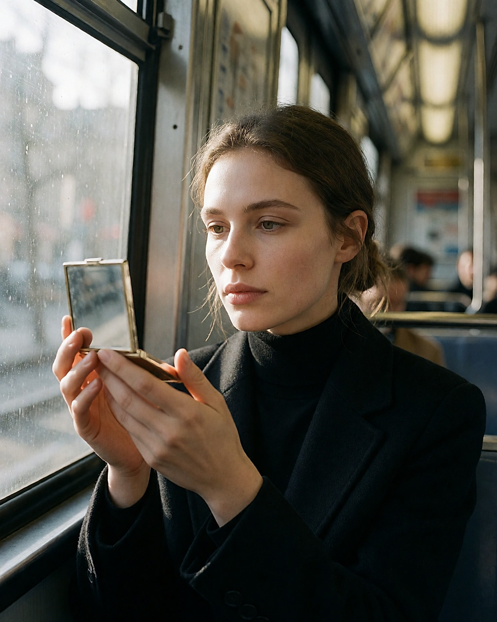 Jeune femme assise dans le métro près de la fenêtre, vérifiant blush et eye-liner dans un miroir de poche