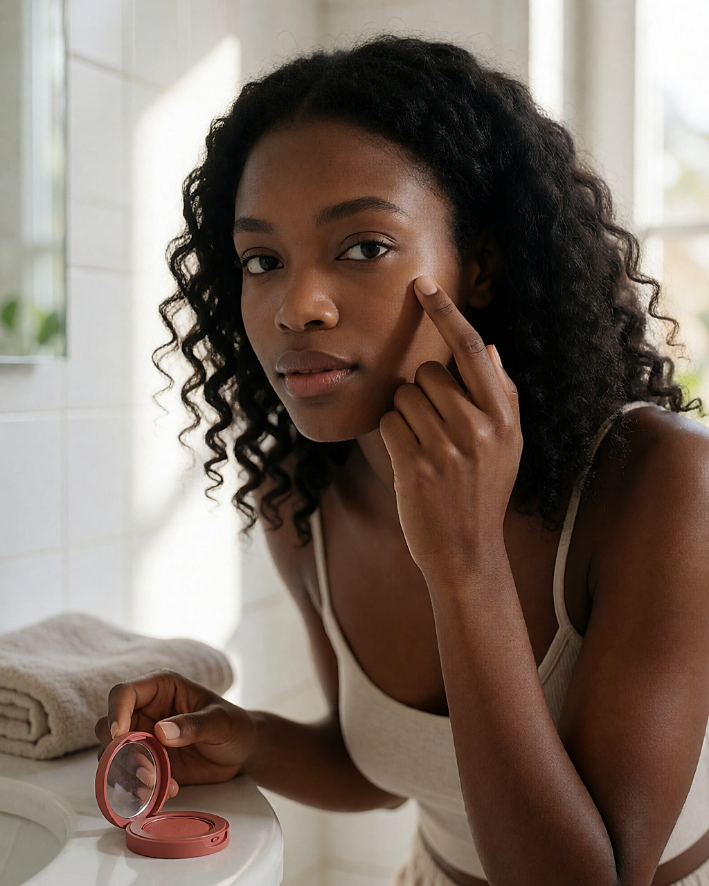 Femme noire tapotant un blush crème du bout du doigt sur le haut de la pommette, salle de bain claire
