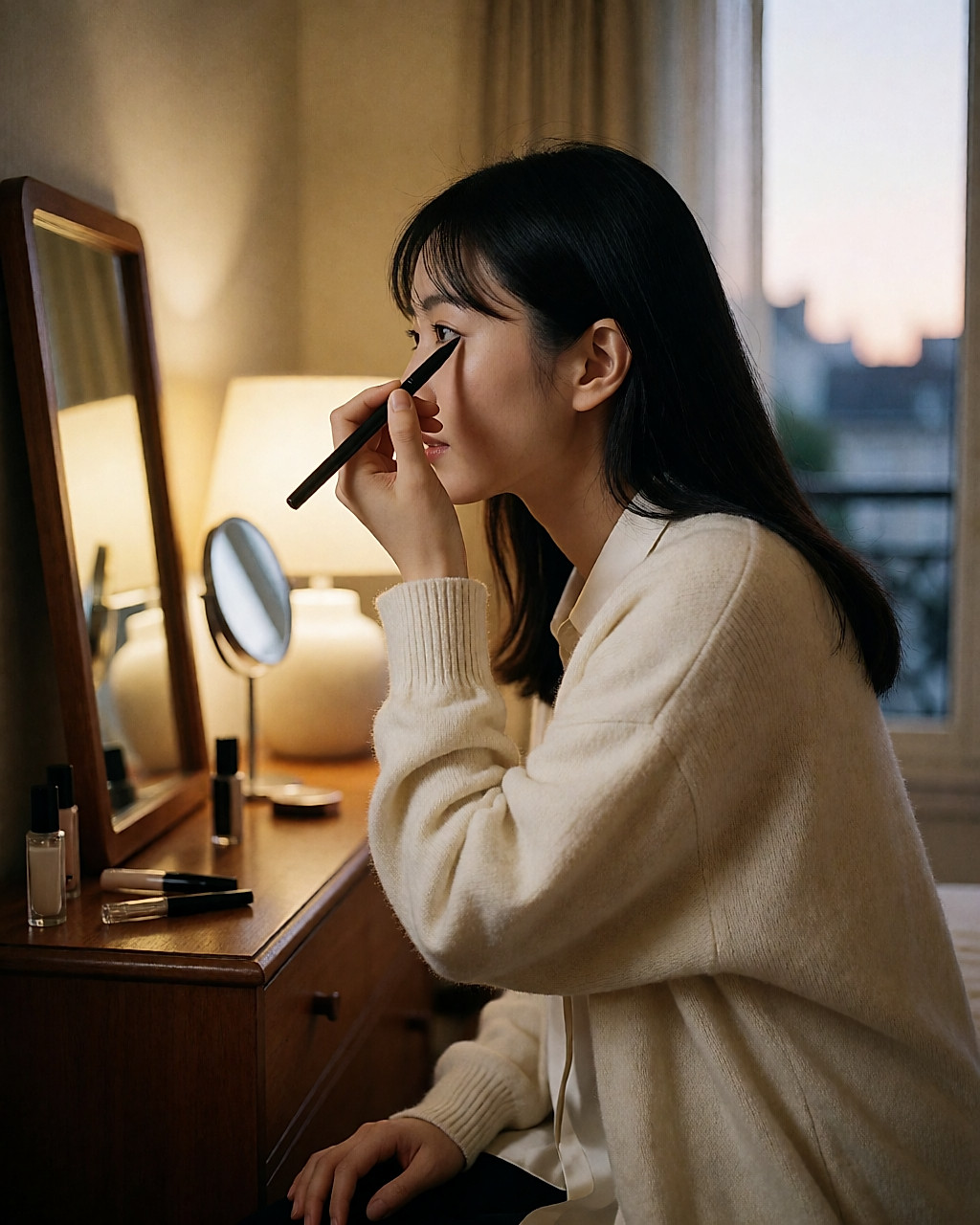 Jeune femme asiatique ajoutant un trait d'eye-liner devant son miroir, lumière chaude de fin de journée