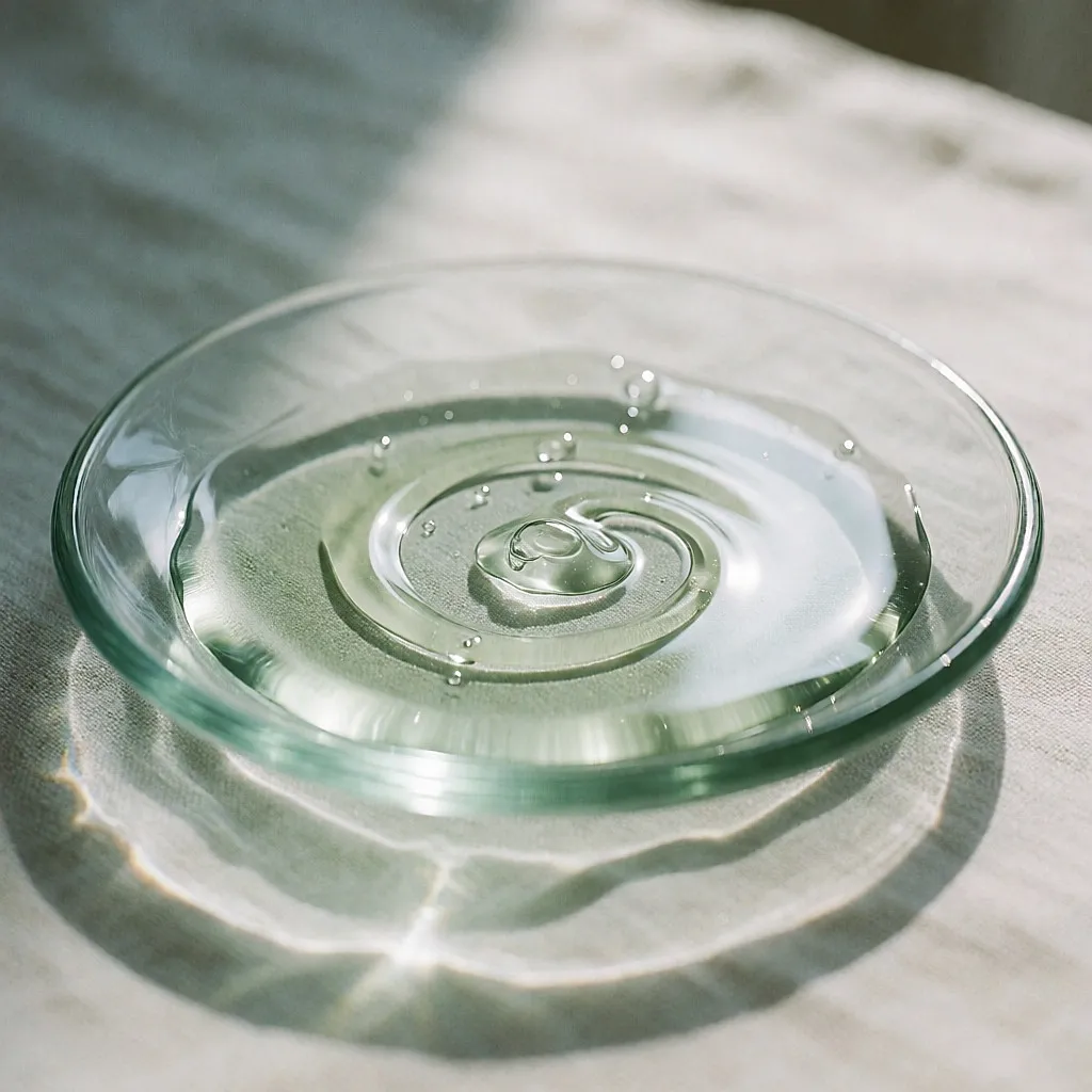 Une texture aqueuse et translucide de sérum-essence dans une coupelle de verre