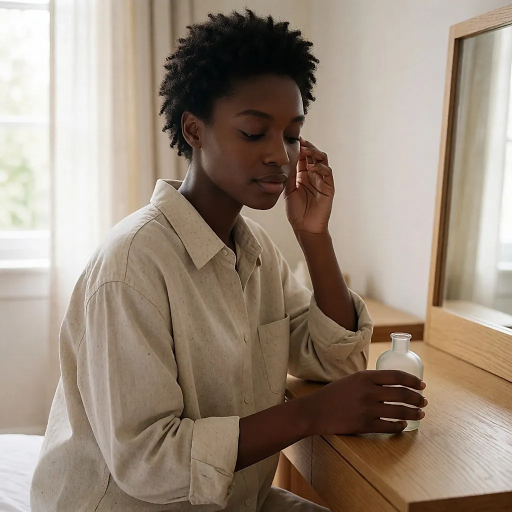 Une femme tapote du bout des doigts un sérum-essence sur sa joue, sans coton