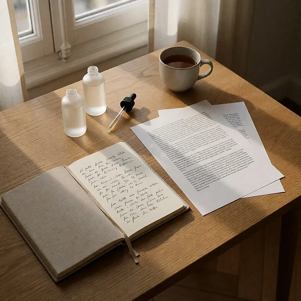 Un bureau avec des fiches produit annotées et des flacons de sérum-essence