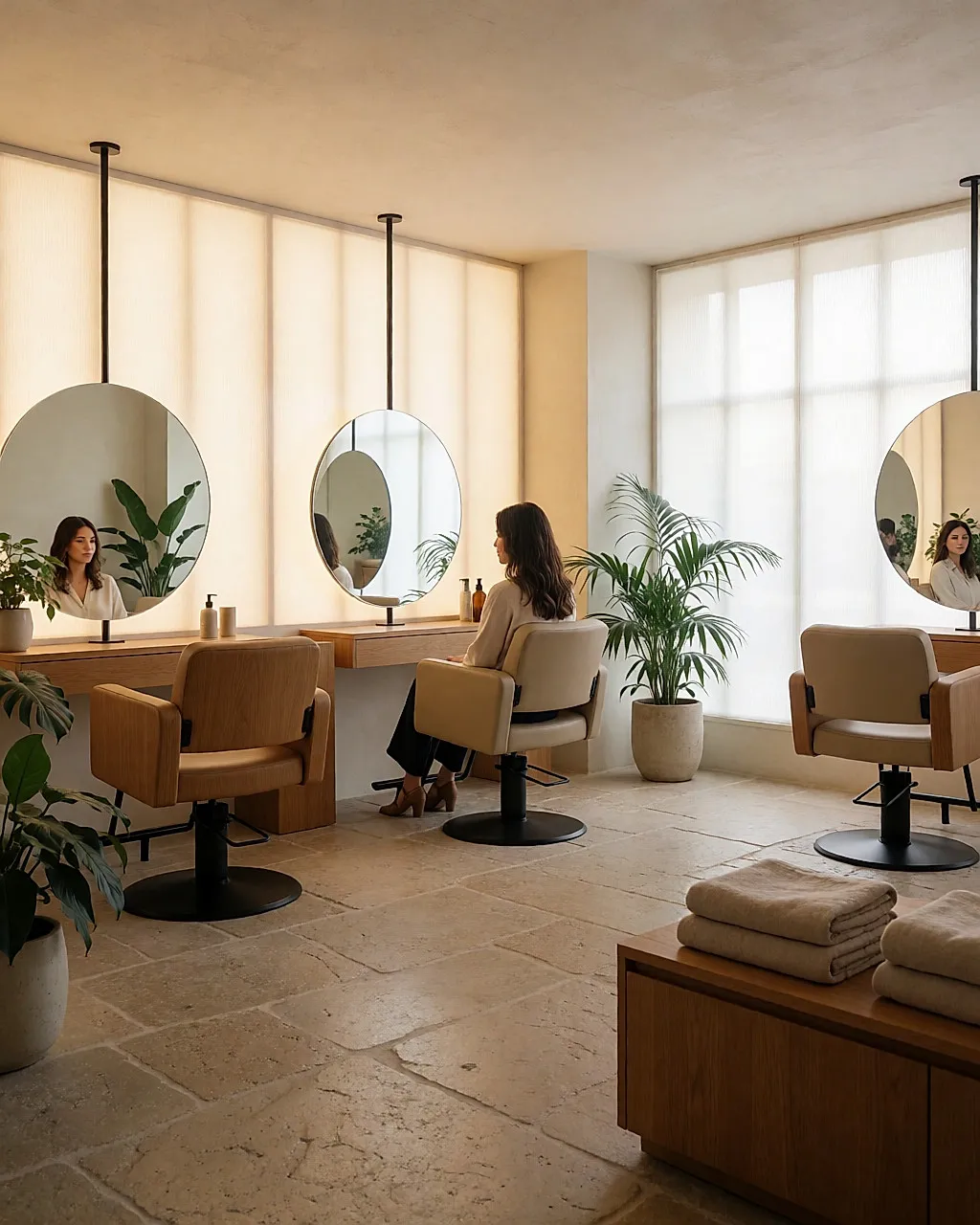 Weitwinkelaufnahme eines nach Feng-Shui-Prinzipien eingerichteten Friseursalons: Holzstühle, runde Spiegel und Pflanzen