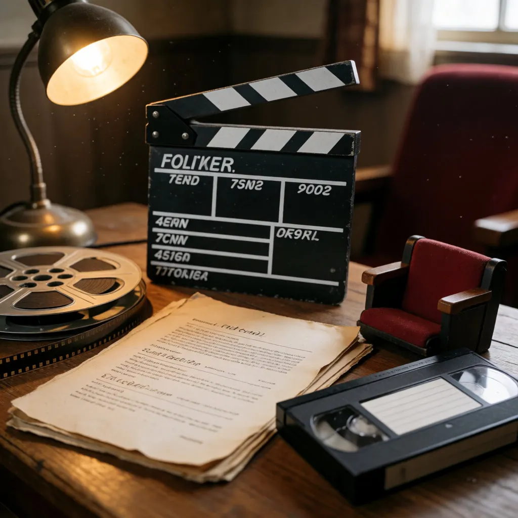 Retro-Filmset mit Filmklappe, Filmspule und Drehbuch, Kino-Atmosphäre der 1990er