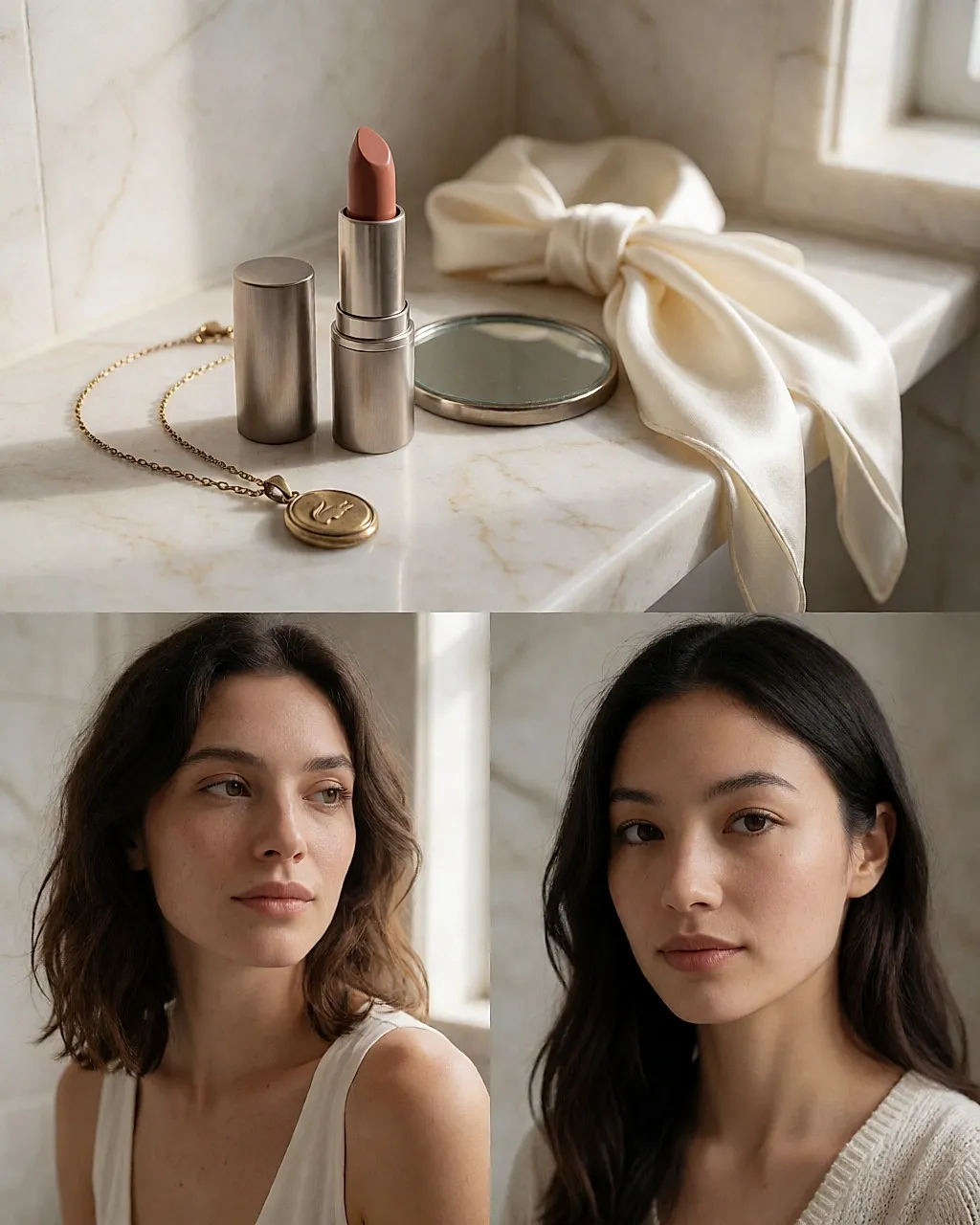 Beauty-Stillleben: Nude-Lippenstift, Goldschmuck und Spiegel auf hellem Marmor