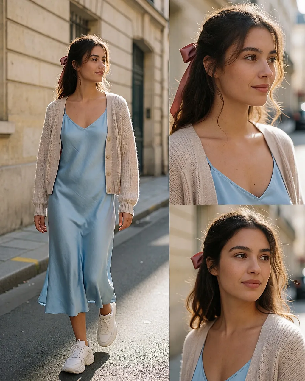 Junge Frau in einem fließenden Kleid aus puderblauer Seide, rosa Band im Haar und Sneakers, auf der Straße
