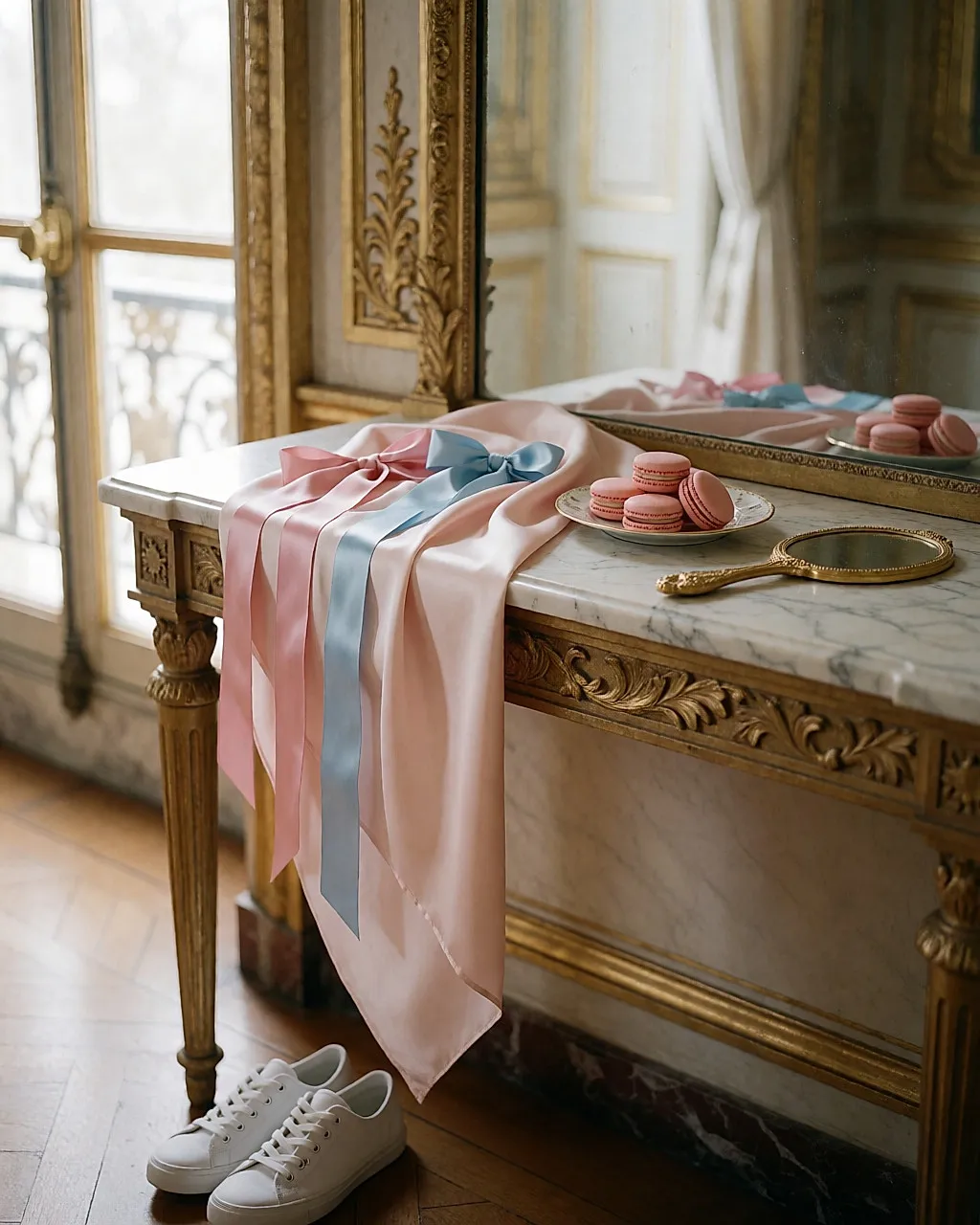 Pastellfarbenes Stillleben: rosa Seide, Bänder, Macarons und weiße Sneaker auf Marmor