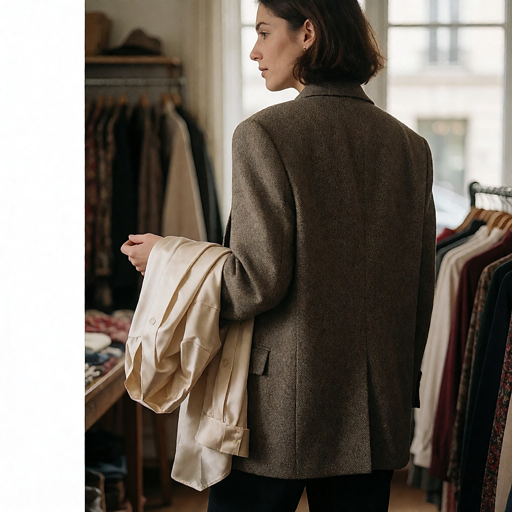 Junge Frau von hinten in einem Oversize-Blazer aus Wolle in einem Secondhandladen, ein Seidenhemd in der Hand