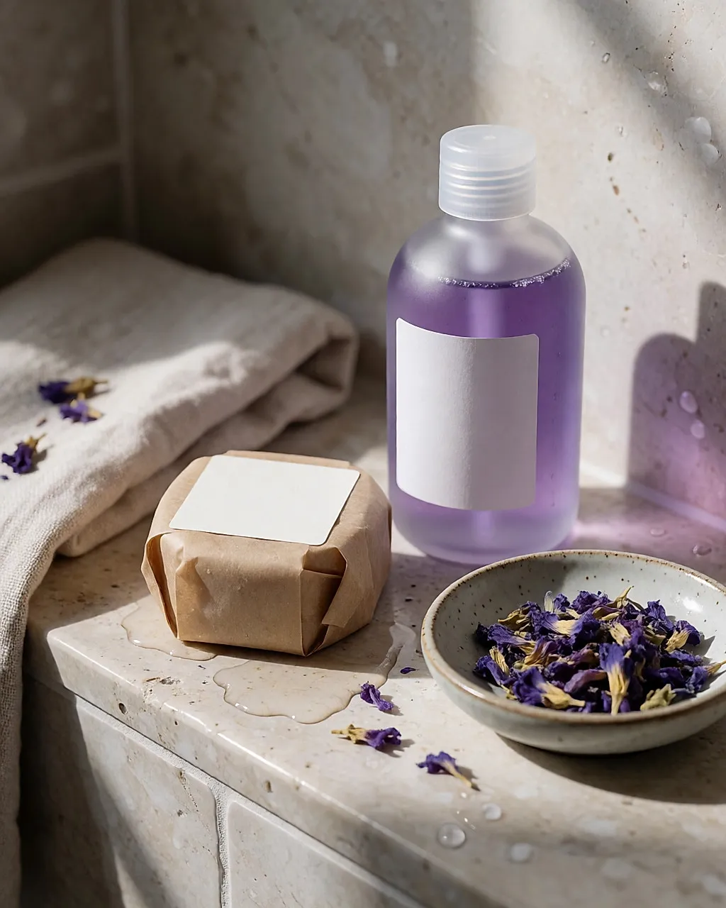 Festes Shampoo und Glasflasche mit violettem Shampoo auf einem Steinregal