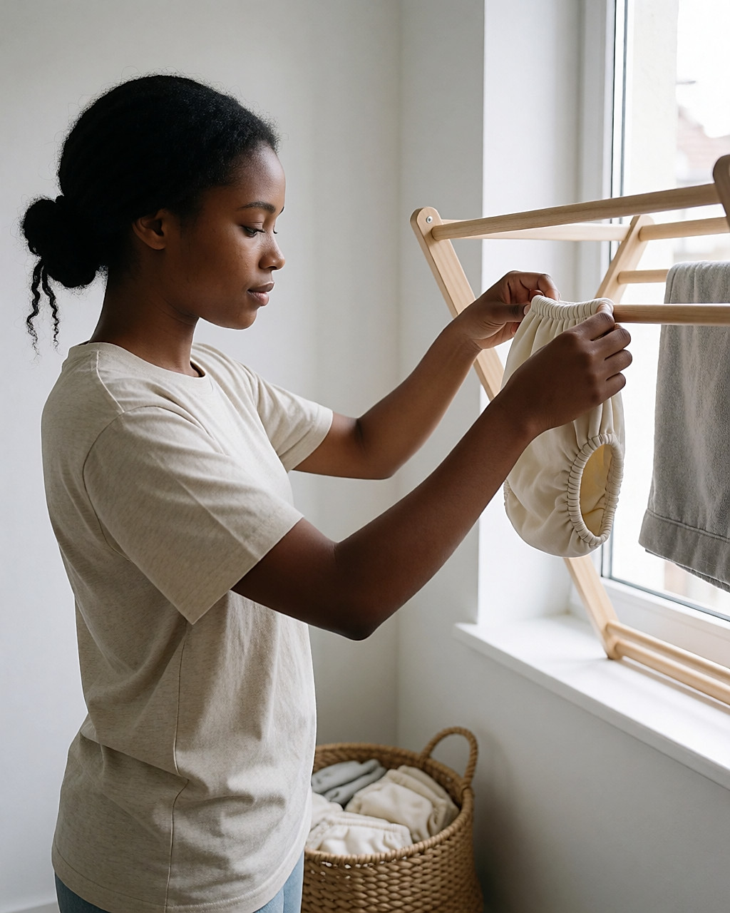 Jeune femme noire étendant des couches lavables sur un étendoir intérieur près d'une fenêtre lumineuse