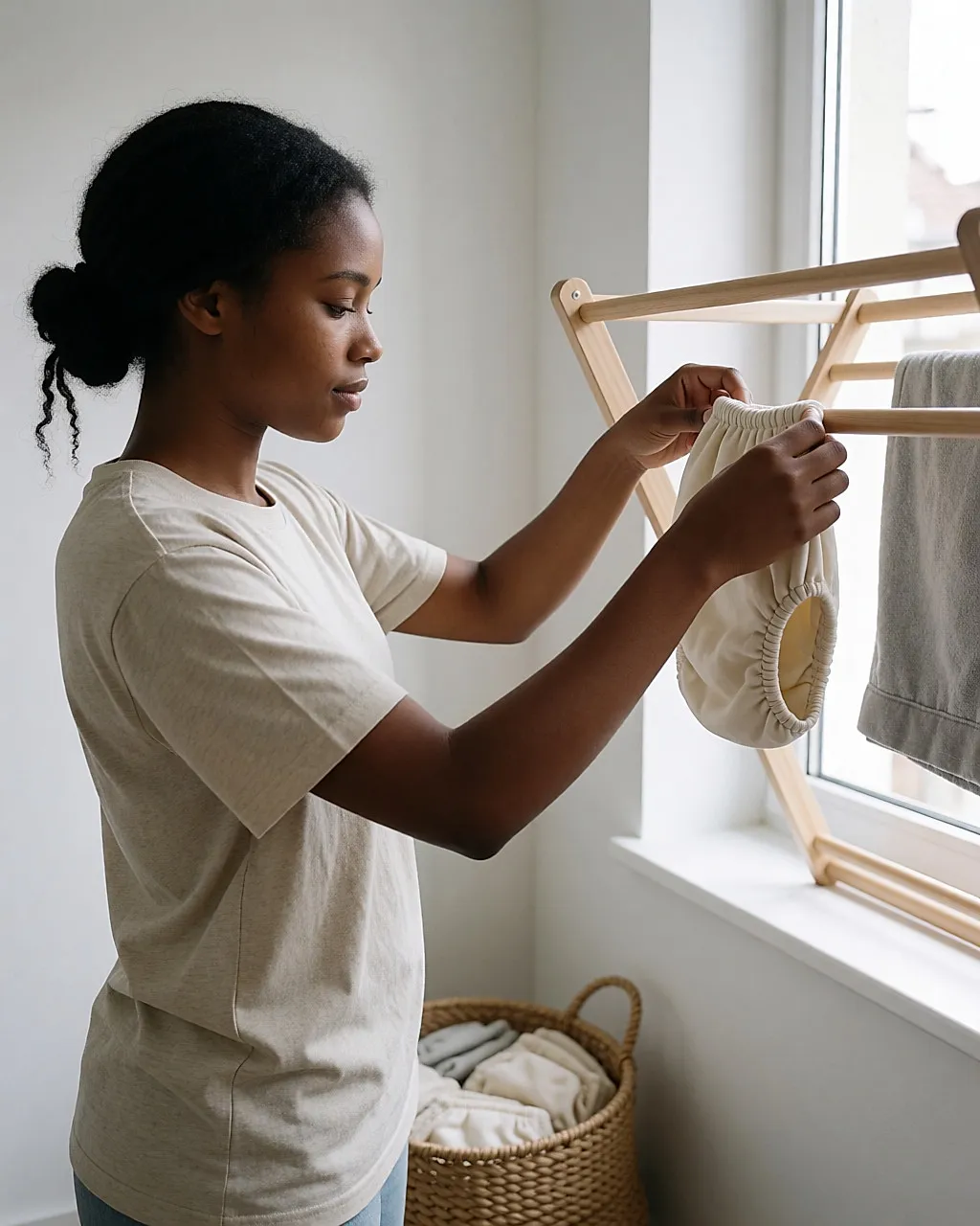 Mujer joven negra tendiendo pañales lavables en un tendedero de interior junto a una ventana luminosa