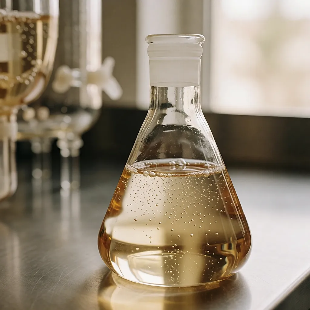 Flacon de laboratoire où fermente un actif biotech ambré