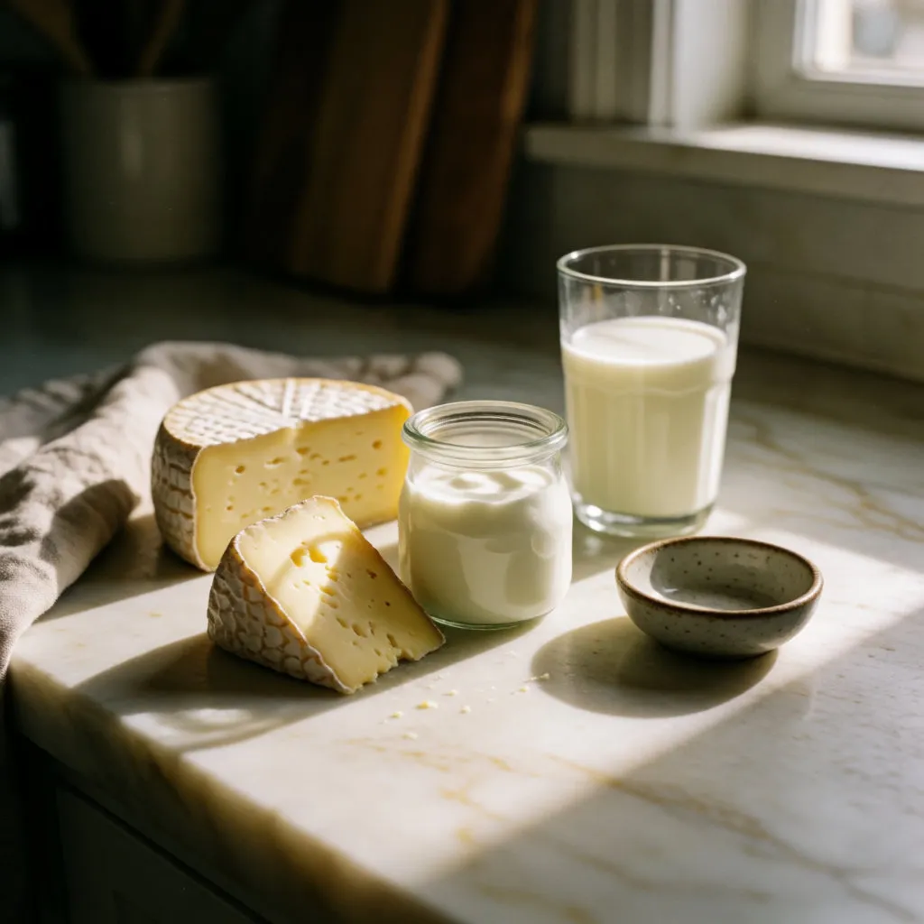 Hartkäse, Naturjoghurt und ein Glas Milch auf einer hellen Arbeitsfläche