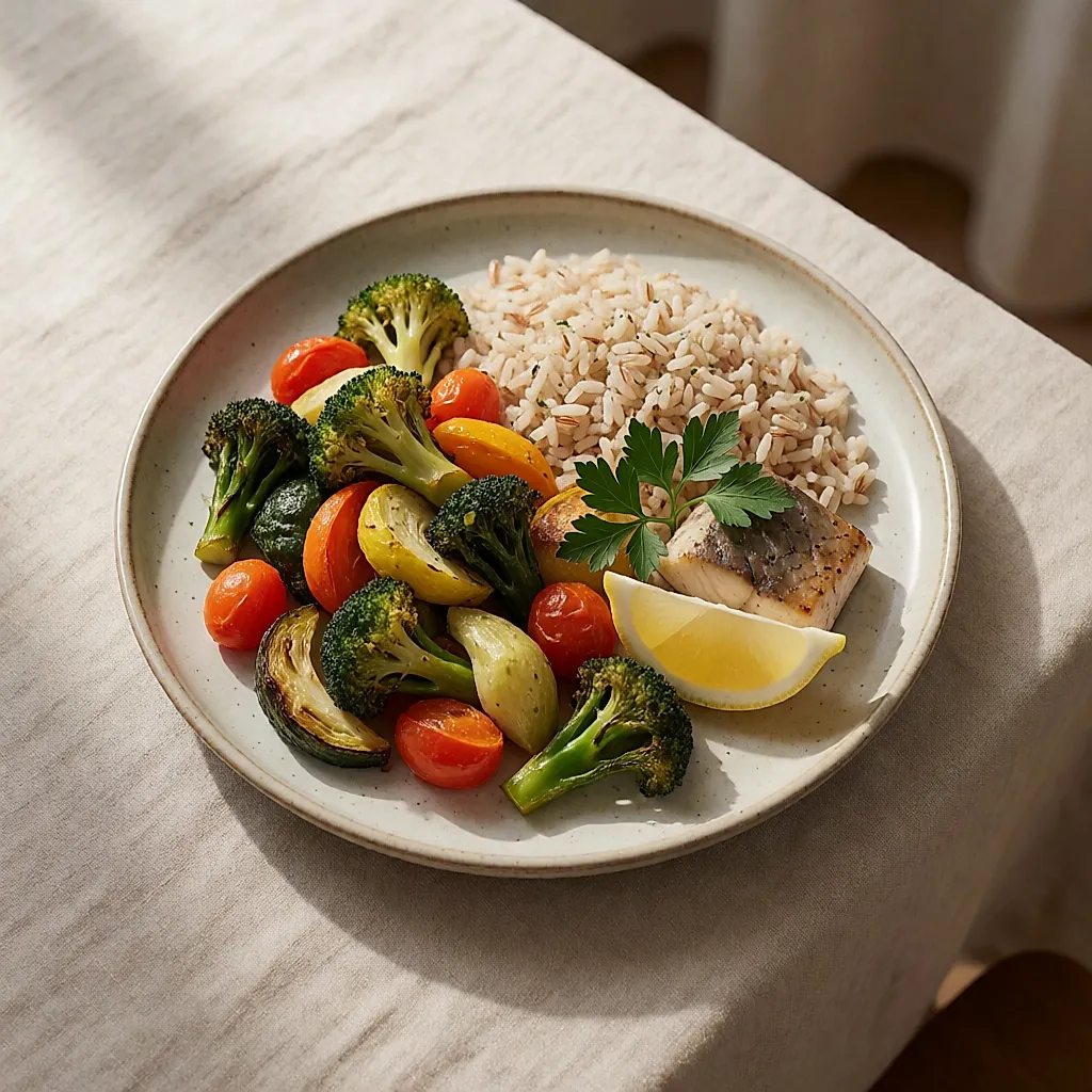 Assiette équilibrée vue du dessus, légumes rôtis, riz complet et petite portion de poisson