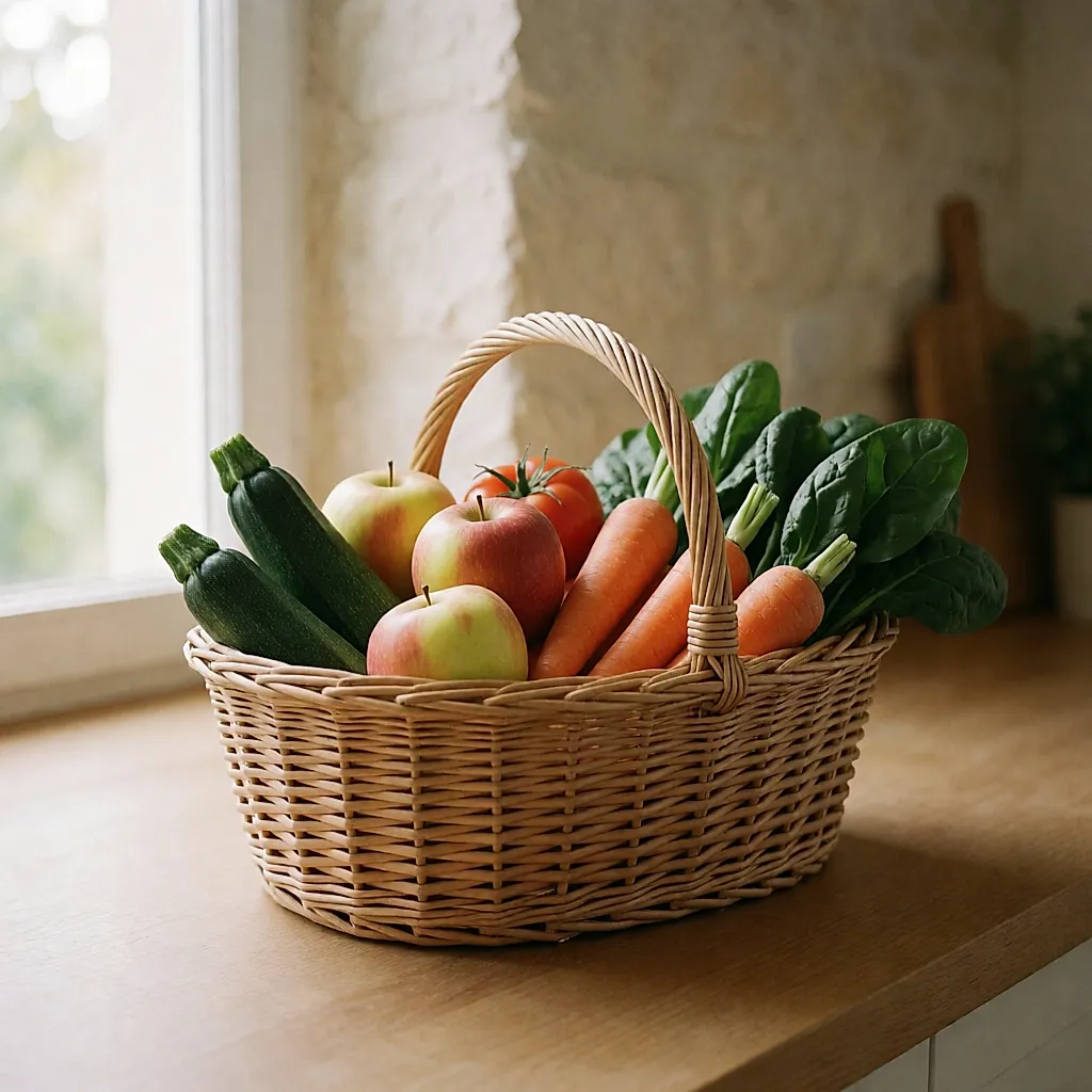 Panier de fruits et légumes de saison posé sur un plan de travail en bois clair
