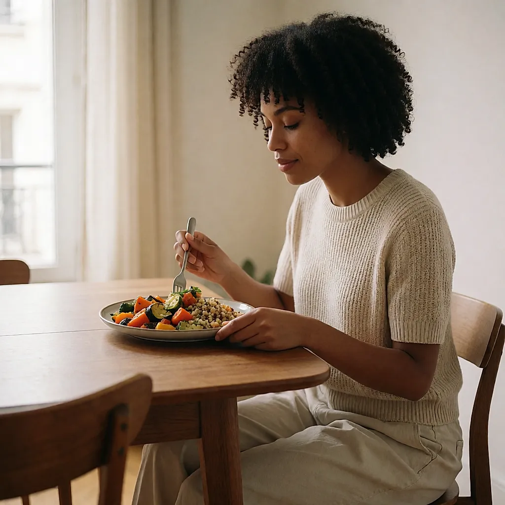Une femme enceinte attablée devant une assiette colorée de légumes et de céréales