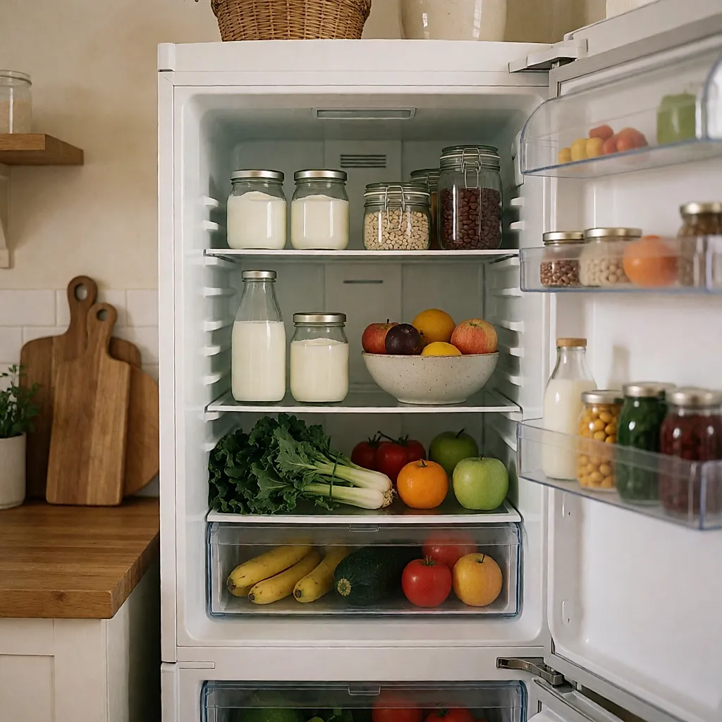 Réfrigérateur ouvert rempli de fruits, légumes, yaourts et bocaux