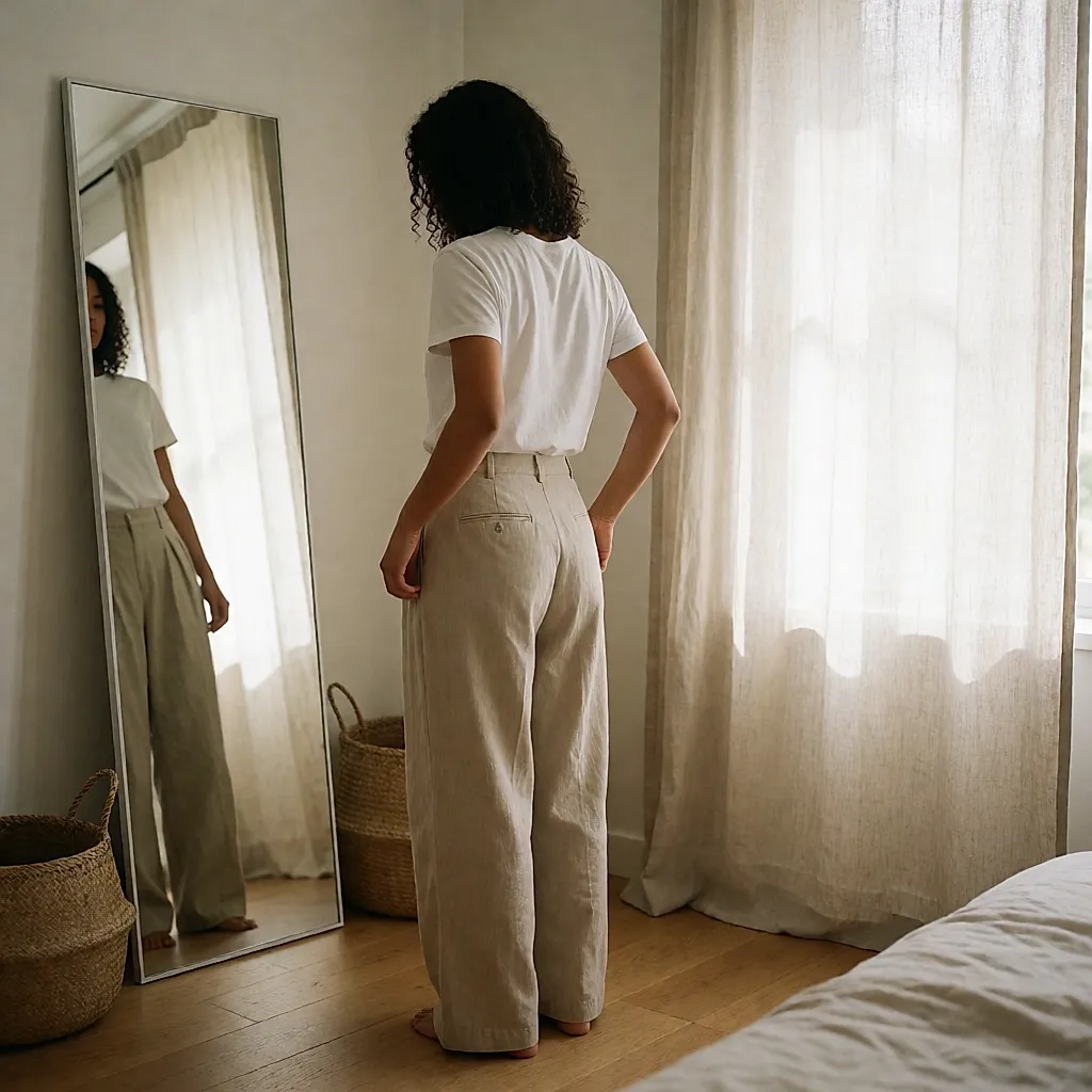 Une femme se regarde de dos dans un miroir en pied pour vérifier le tombé de sa tenue