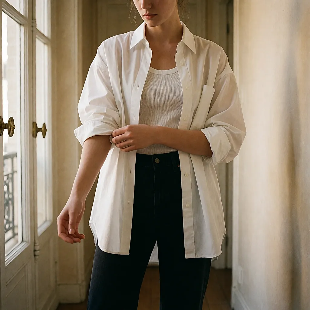 Une chemise blanche oversize portée ouverte en surcouche sur un débardeur