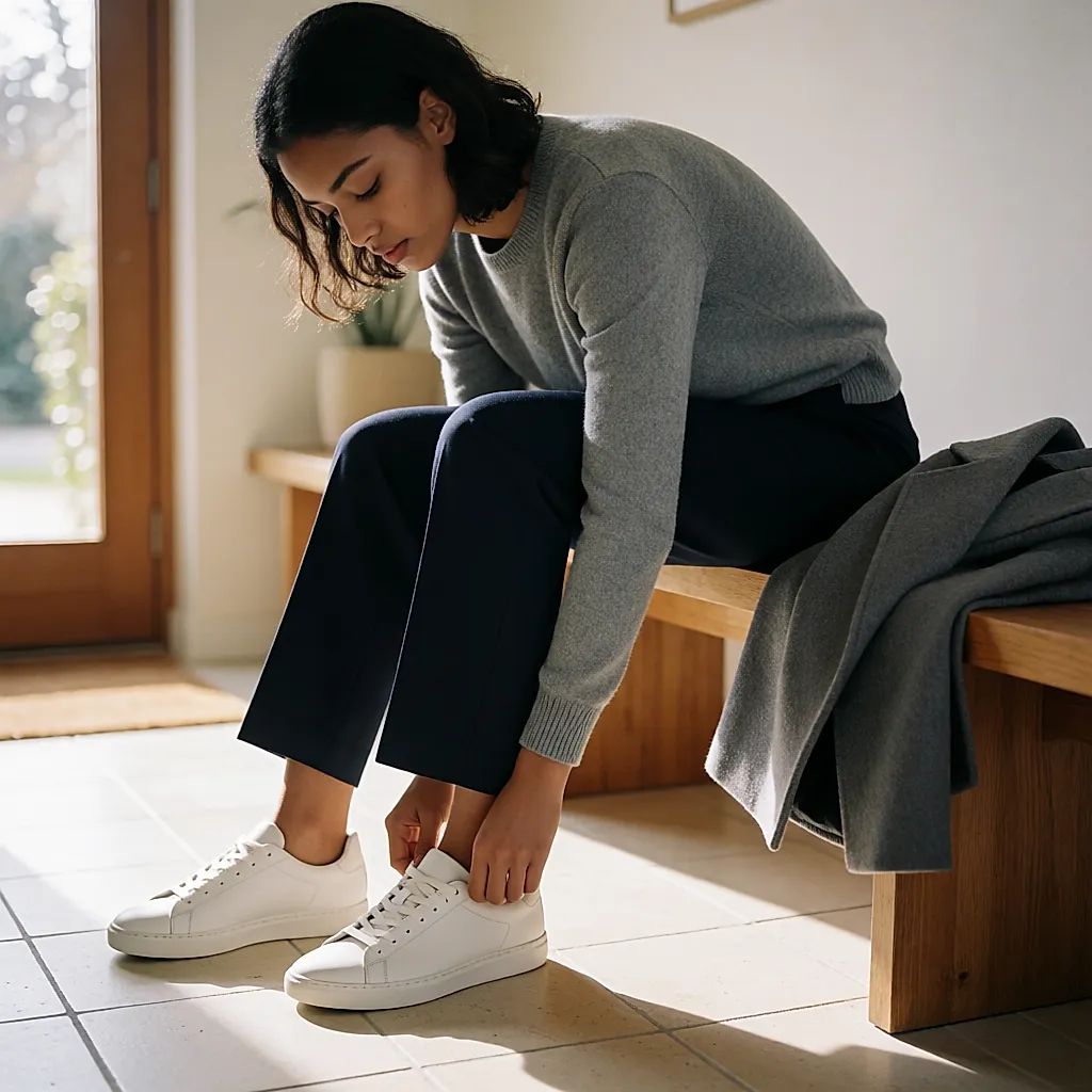 Une femme en pantalon bien coupé enfile une basket avant de sortir