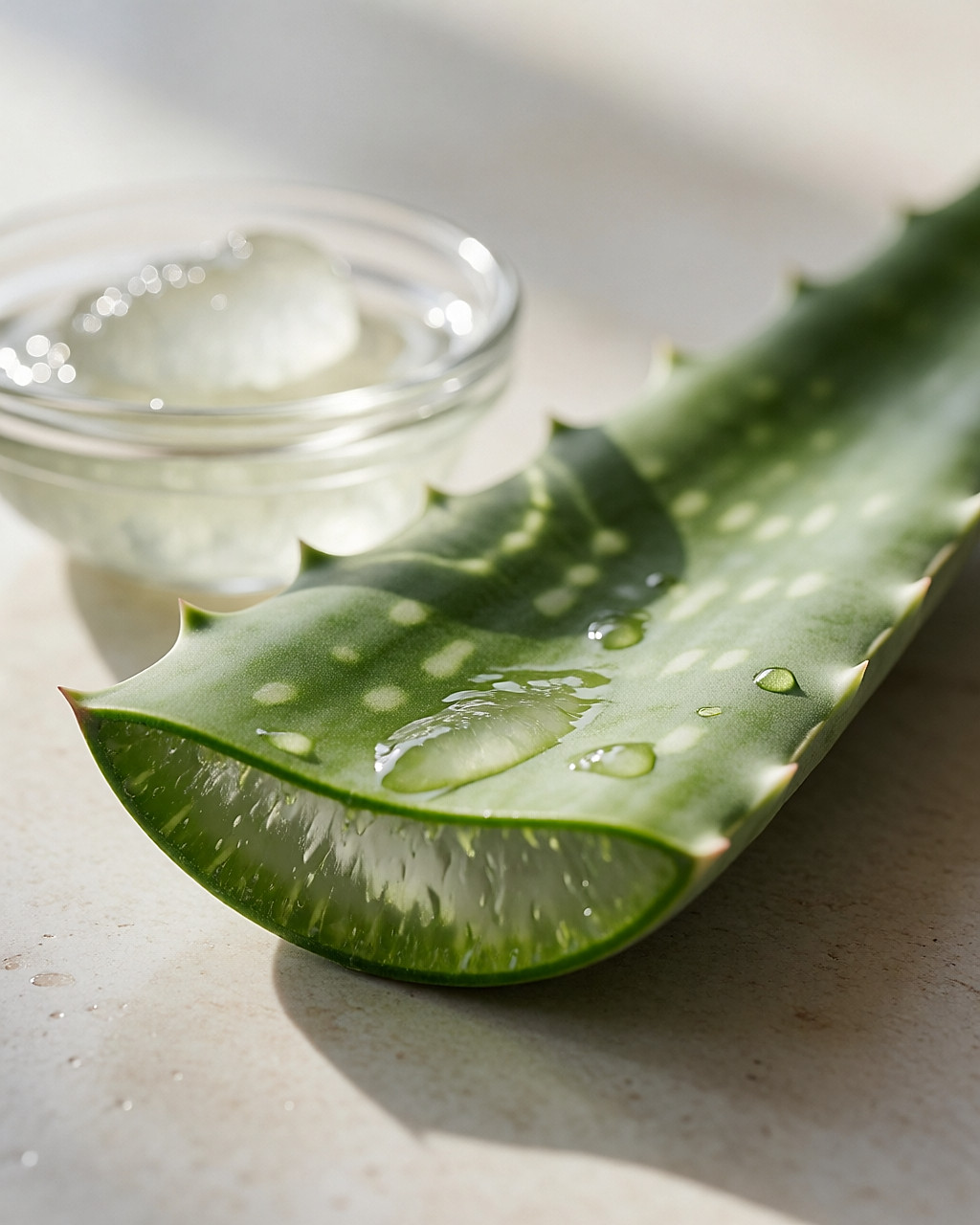 Macro du gel translucide d'une feuille d'aloe vera fraîchement coupée avec quelques gouttes d'eau