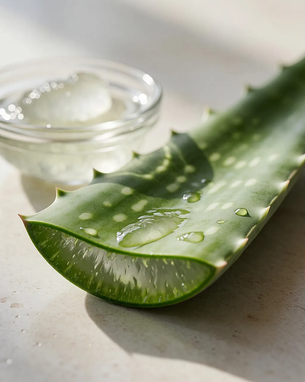 Makroaufnahme des durchscheinenden Gels aus einem frisch aufgeschnittenen Aloe-vera-Blatt mit ein paar Wassertropfen