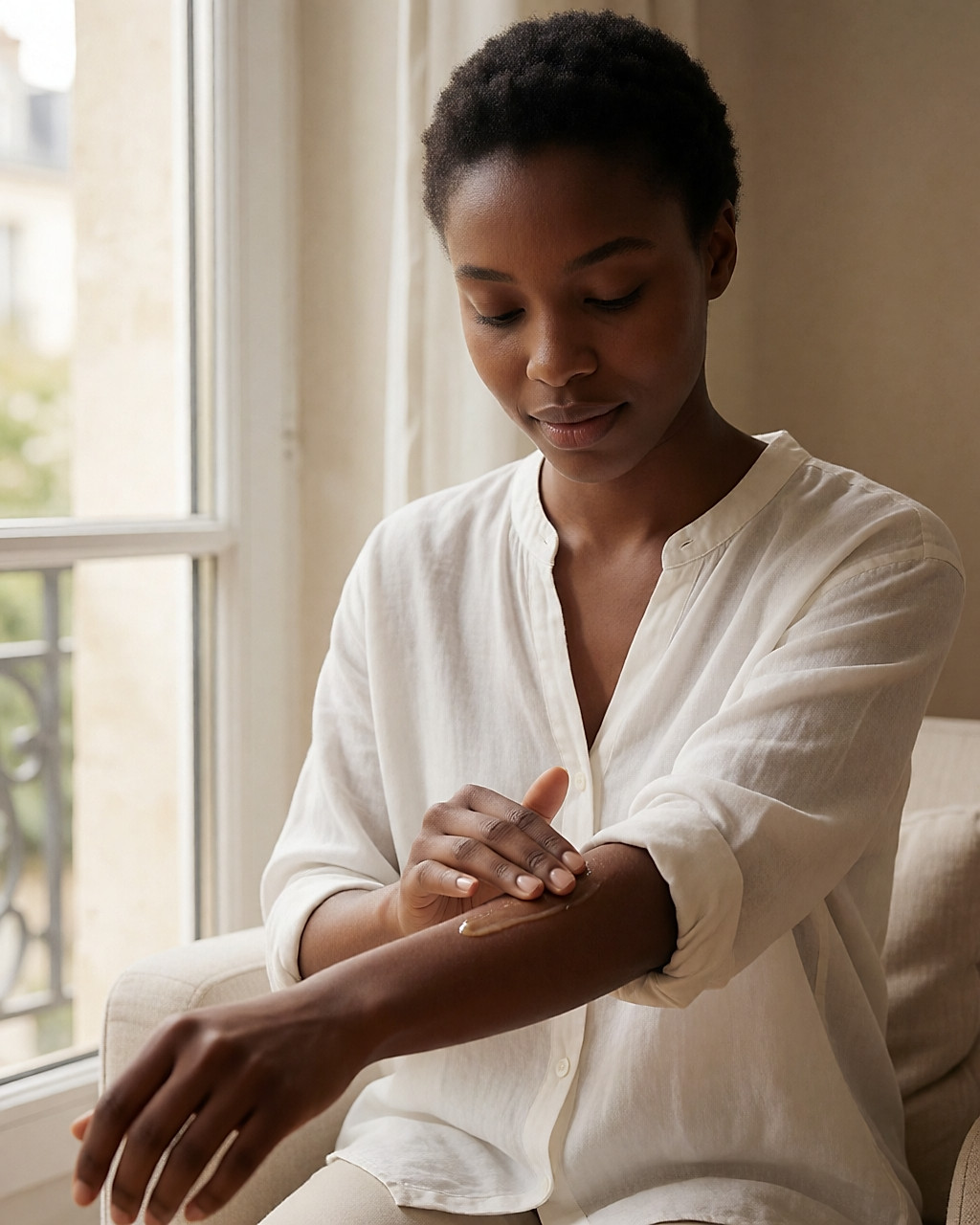 Jeune femme appliquant du gel d'aloe vera sur son avant-bras près d'une fenêtre