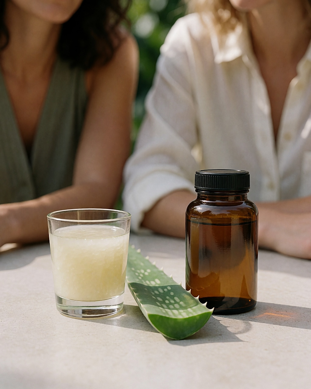 Verre de pulpe d'aloe vera, feuille entière et flacon sans étiquette sur une surface neutre