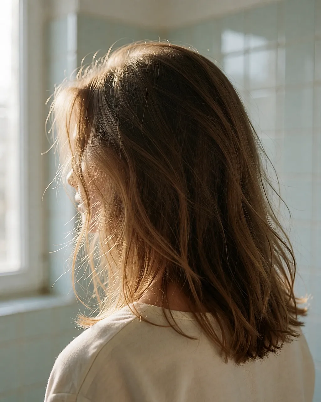 Cabelo fino visto de costas, brilhante nos comprimentos