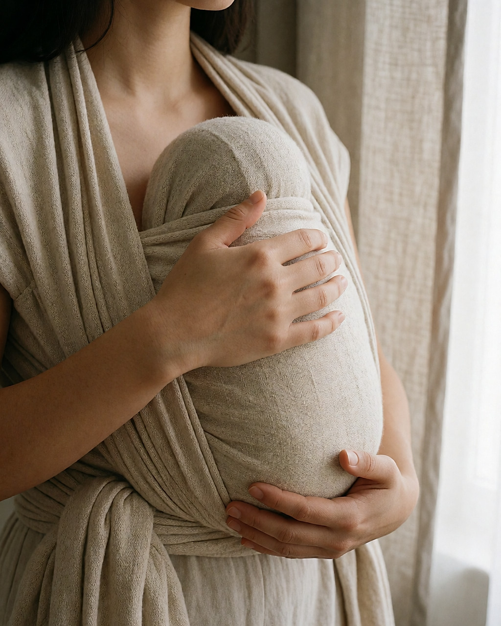 Nouveau-né blotti dans un porte-bébé en coton bio, mains du parent sur son dos