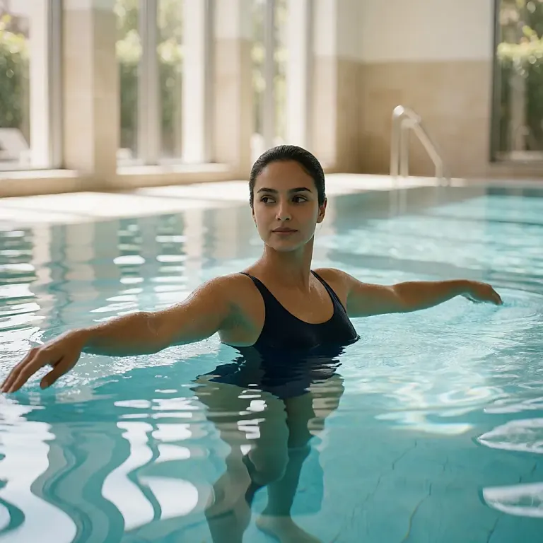 Aula de hidroginástica numa piscina, com o corpo dentro de água até aos ombros