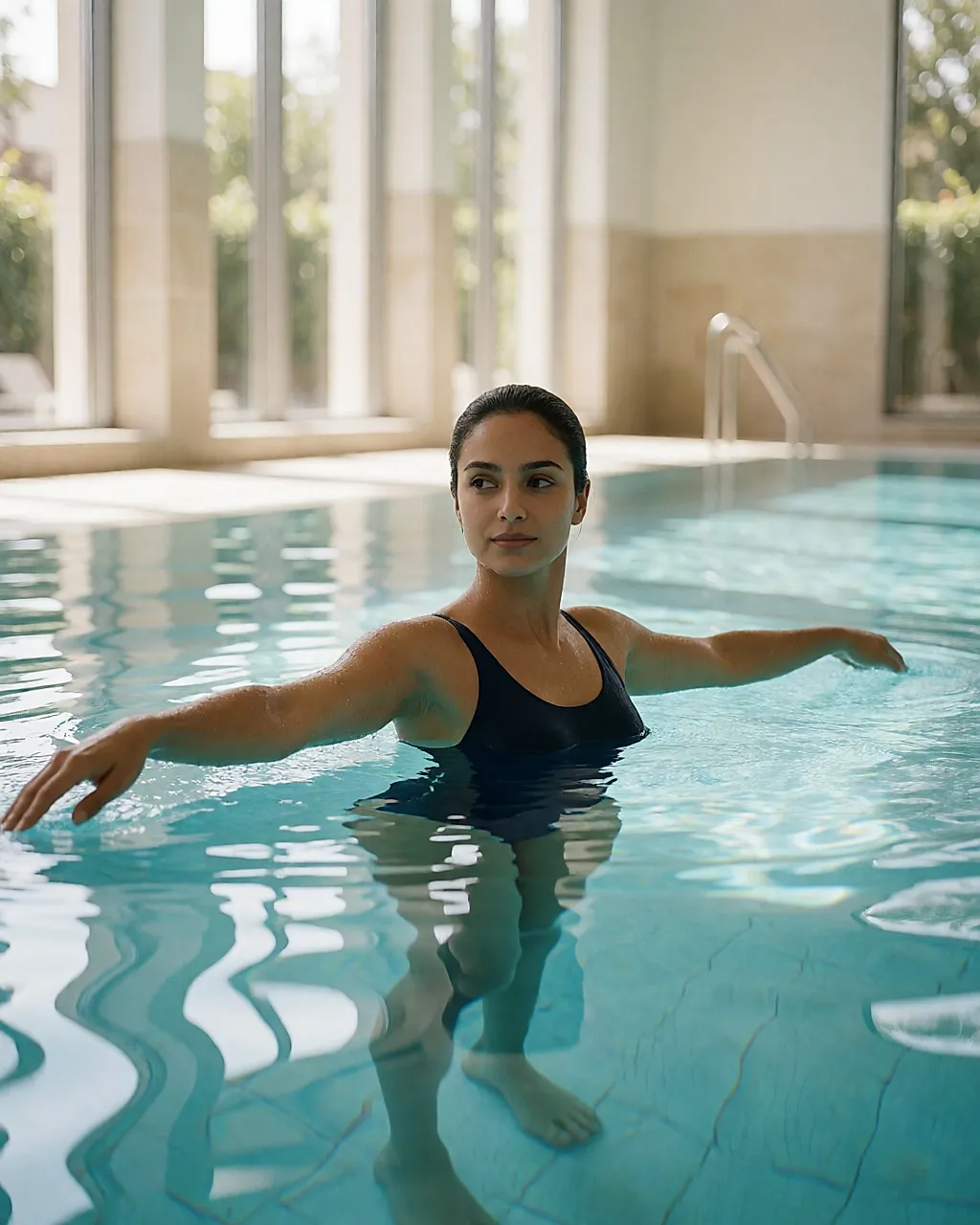 Aula de hidroginástica numa piscina, com o corpo dentro de água até aos ombros