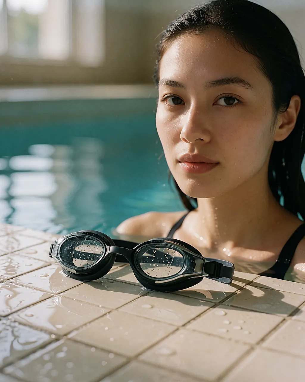 Detalle: unas gafas de natación sobre el borde mojado de una piscina