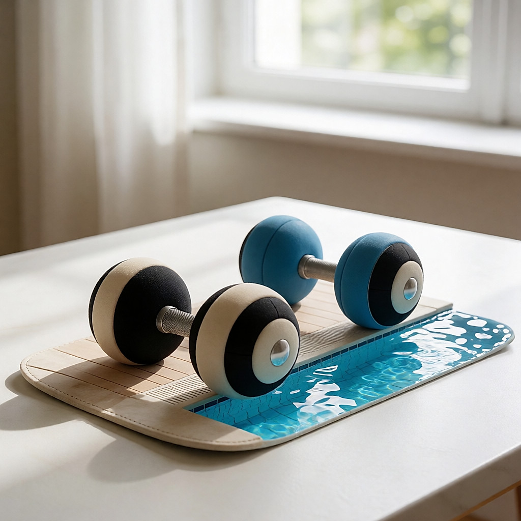 Detalle: mancuernas de espuma y tabla de gimnasia acuática junto al borde de la piscina