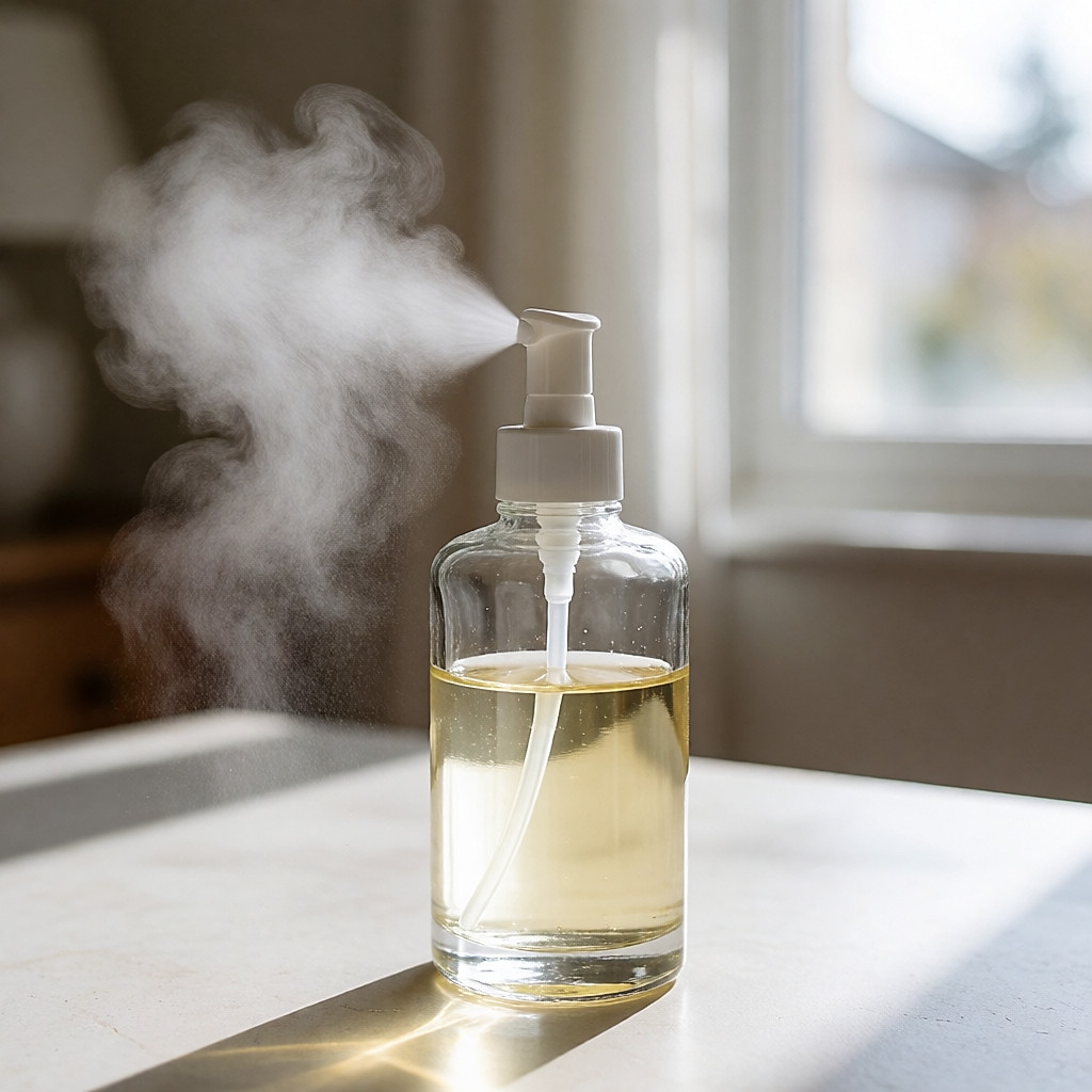 Main pressant la pompe d’un flacon de brume d’eau thermale, fin nuage de brume