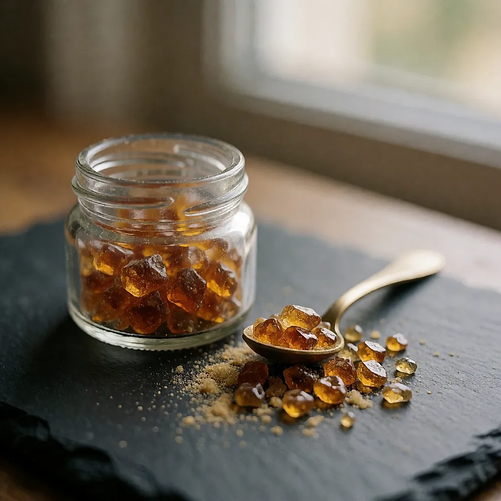 Trois larmes de résine — oliban, myrrhe, benjoin — dans un bocal de verre posé sur une pierre