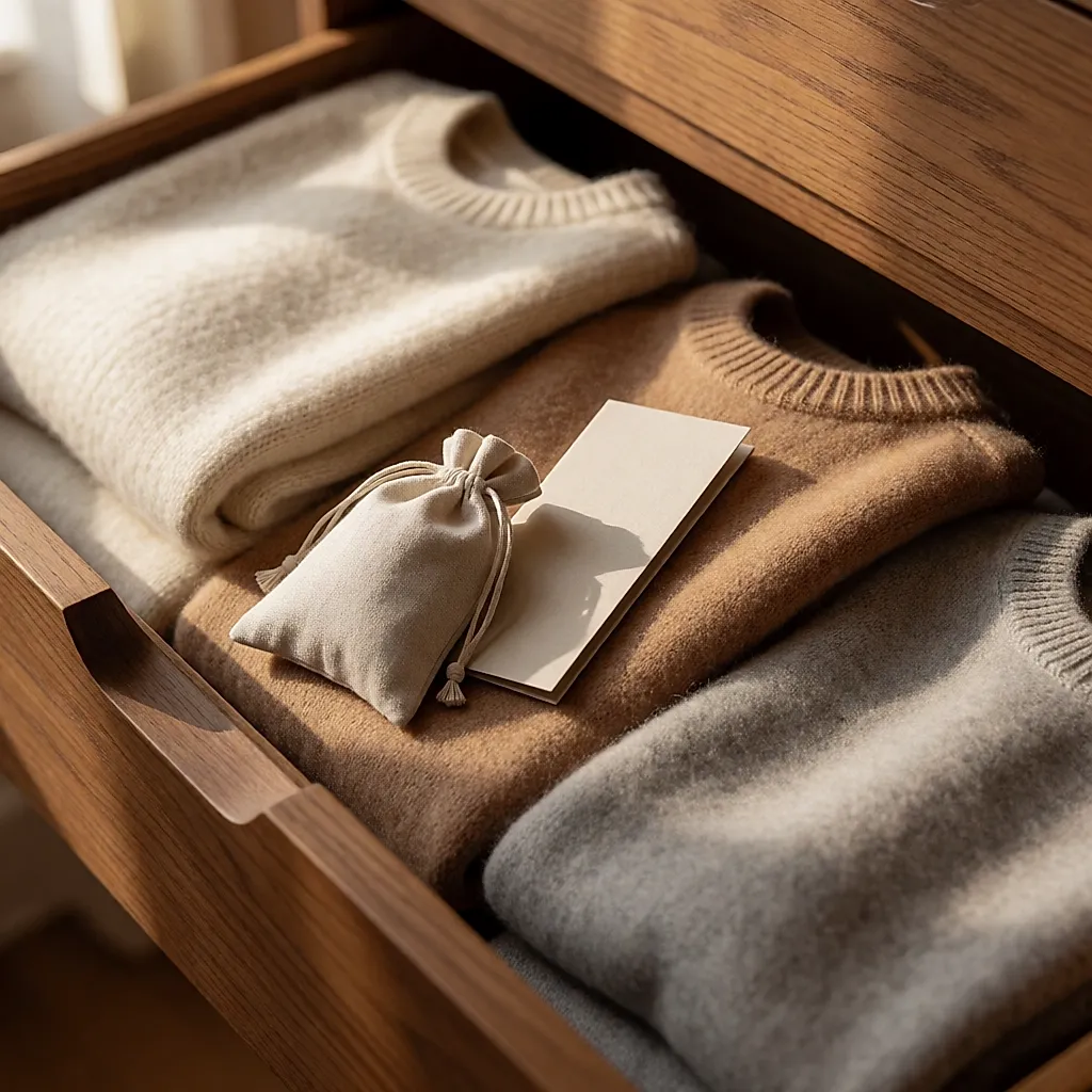 Un sachet de benjoin et un carnet parfumé glissés entre des pulls en laine pliés