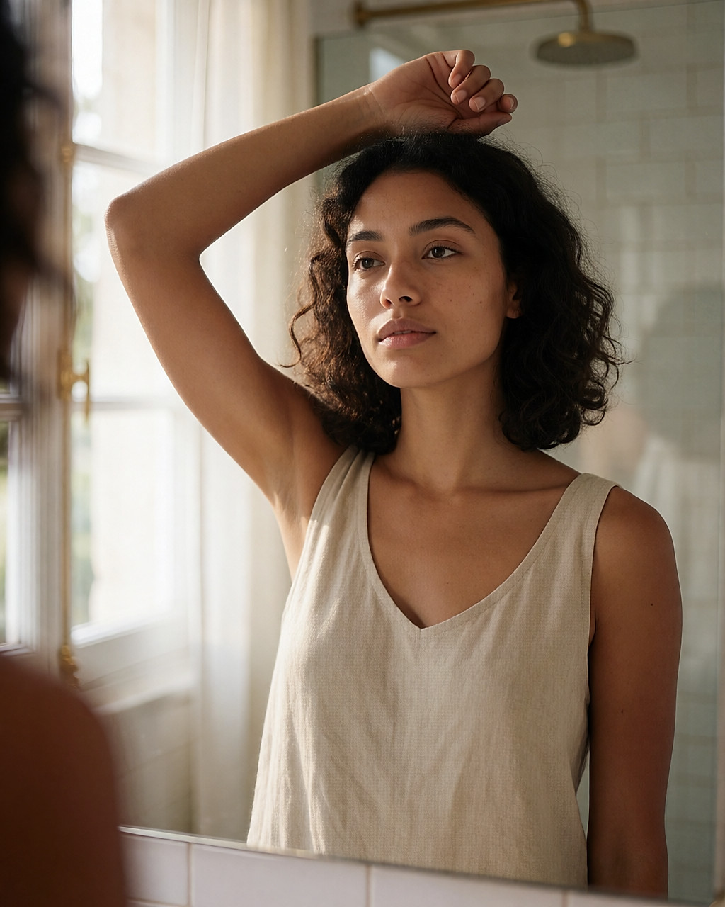 Jeune femme métissée observant sa peau lisse sous la lumière naturelle d'une salle de bain