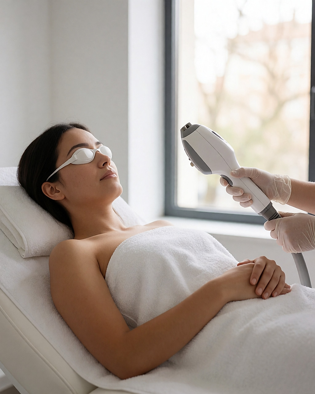 Séance en institut : gel transparent sur la jambe et lunettes de protection