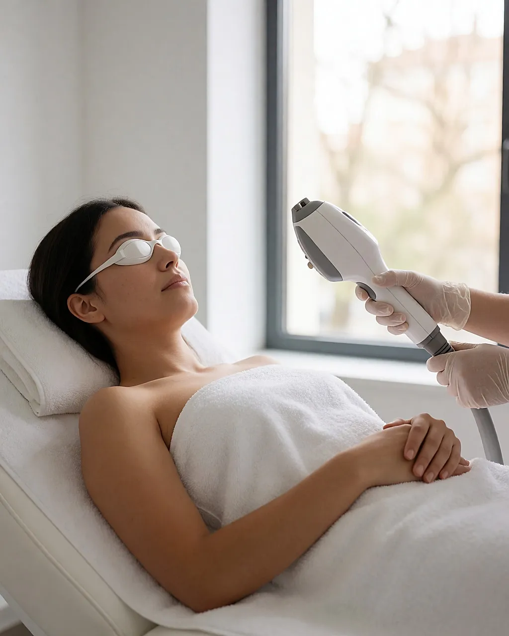 Behandlung im Studio: transparentes Gel auf dem Bein und eine Schutzbrille