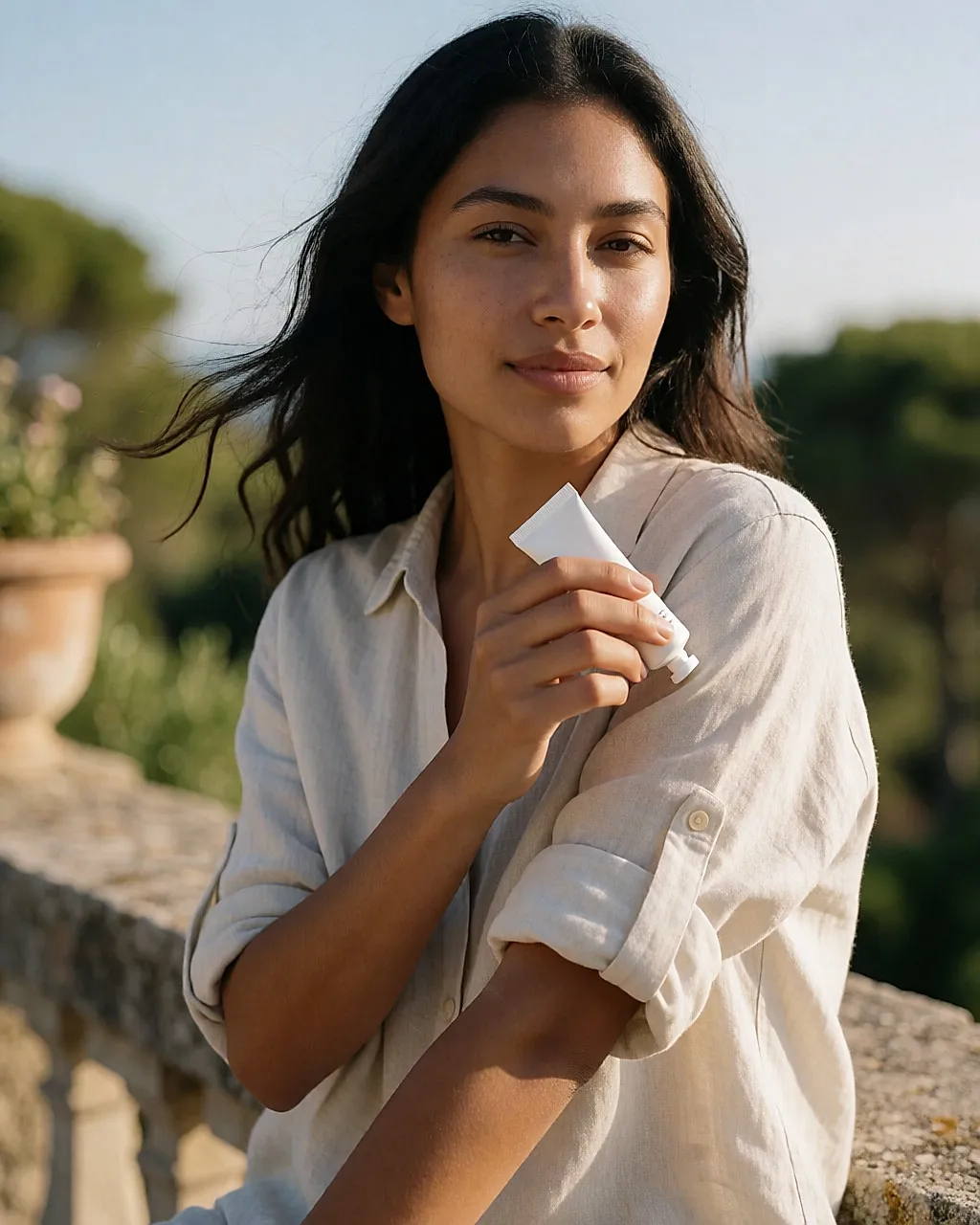 Young woman on a sunny terrace applying sunscreen to her shoulder