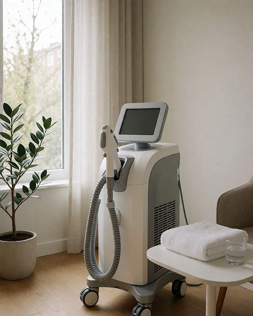 Professional laser hair removal device in a bright treatment room, with a towel and bottle alongside