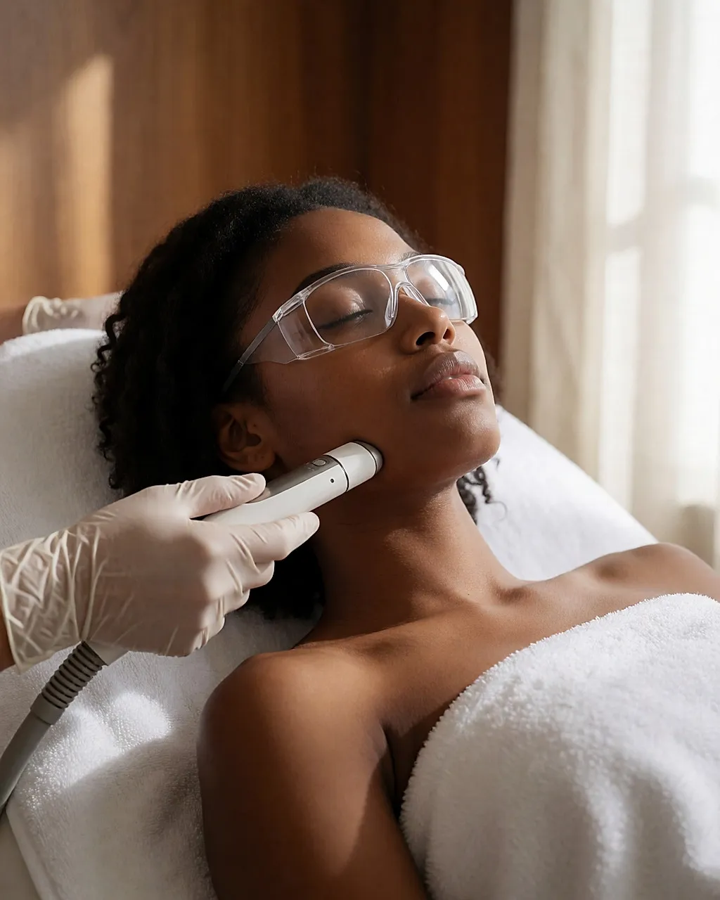 Laser session under the chin of a young woman lying down, wearing protective glasses
