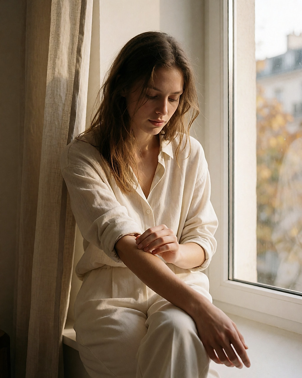 Jeune femme observant le contraste entre ses poils foncés et sa peau claire près d'une fenêtre