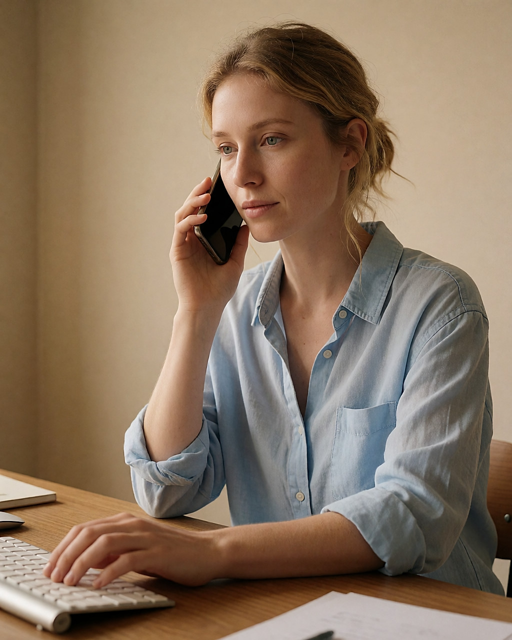 Femme passant un appel téléphonique, téléphone coincé entre l'oreille et l'épaule pendant qu'elle tape au clavier