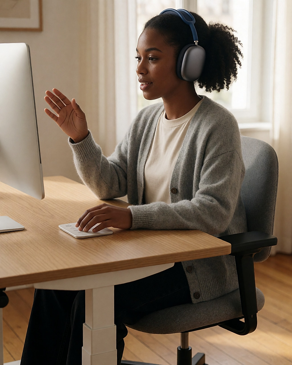 Jeune femme noire assise à son bureau assis-debout en position basse, casque sur les oreilles